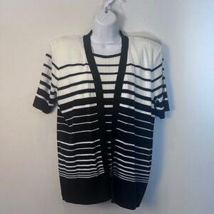 Sag Harbor Dress PS Stripe Knit Cardigan Sweater Top W/ Shoulder Pads Women